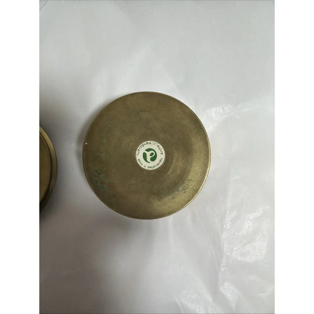 Brass Round Enamel Trinket Box Dish Flowers Iris Lid India Label